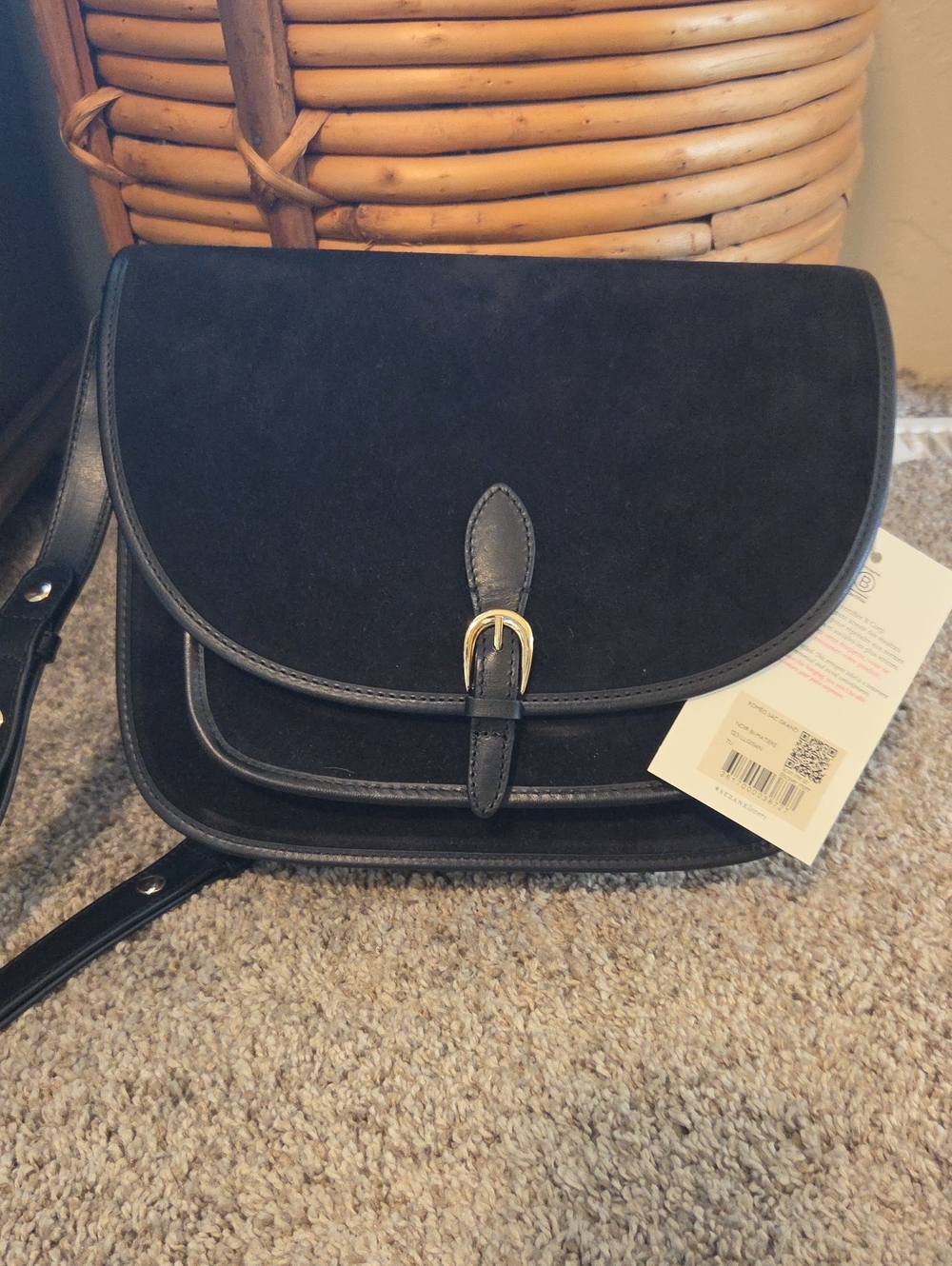 Sezane Large Romeo Bag - Black Suede Crossbody Bag with Gold Buckle
